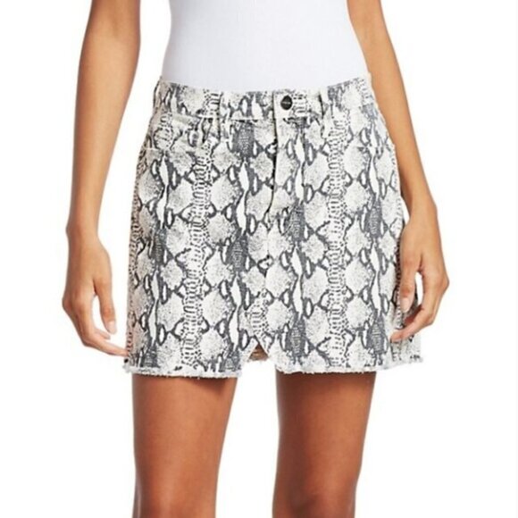 FRAME Denim Multi Black Le Mini Skirt Snake Print Gris Frayed Hem Split Front - Picture 1 of 12